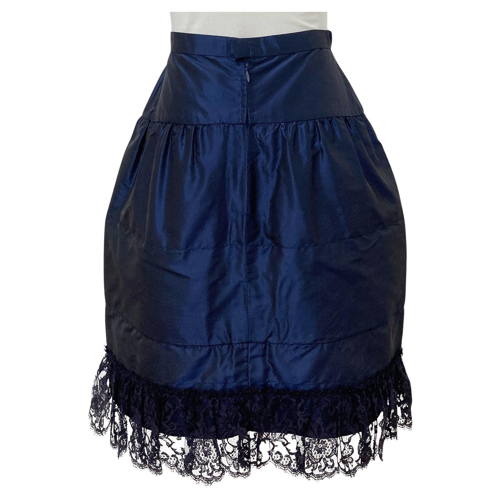 Women's Chanel Navy Skirt Black Lace Trim AW 1994 For Sale