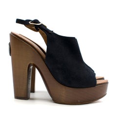 Chanel Navy Suede Wooden Platform CC Embellished Mules SIZE 37
