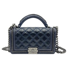 Chanel Navy Top Handle Boy Bag Old Medium Calfskin Ruthenium Hardware