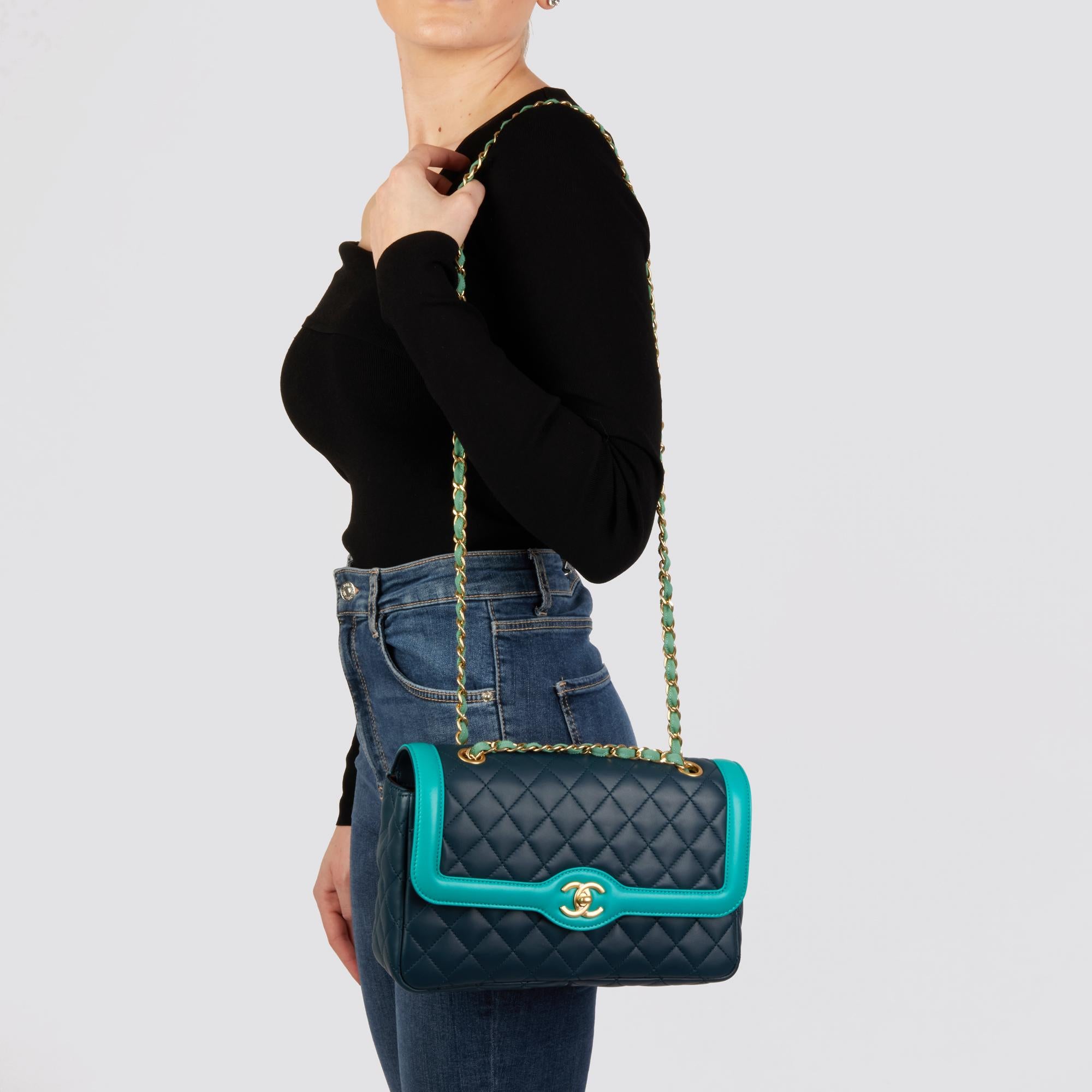 CHANEL Navy & Turquoise Quilted Lambskin Medium Classic Single Flap Bag 8