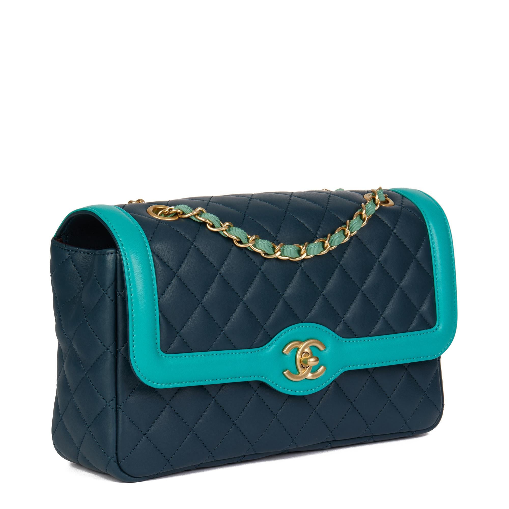 CHANEL
Navy & Turquoise Quilted Lambskin Medium Classic Single Flap Bag

Xupes Reference: HB4513
Serial Number: 23754630
Age (Circa): 2017
Accompanied By: Chanel Dust Bag, Box, Care Booklet, Authenticity Card
Authenticity Details: Authenticity Card,