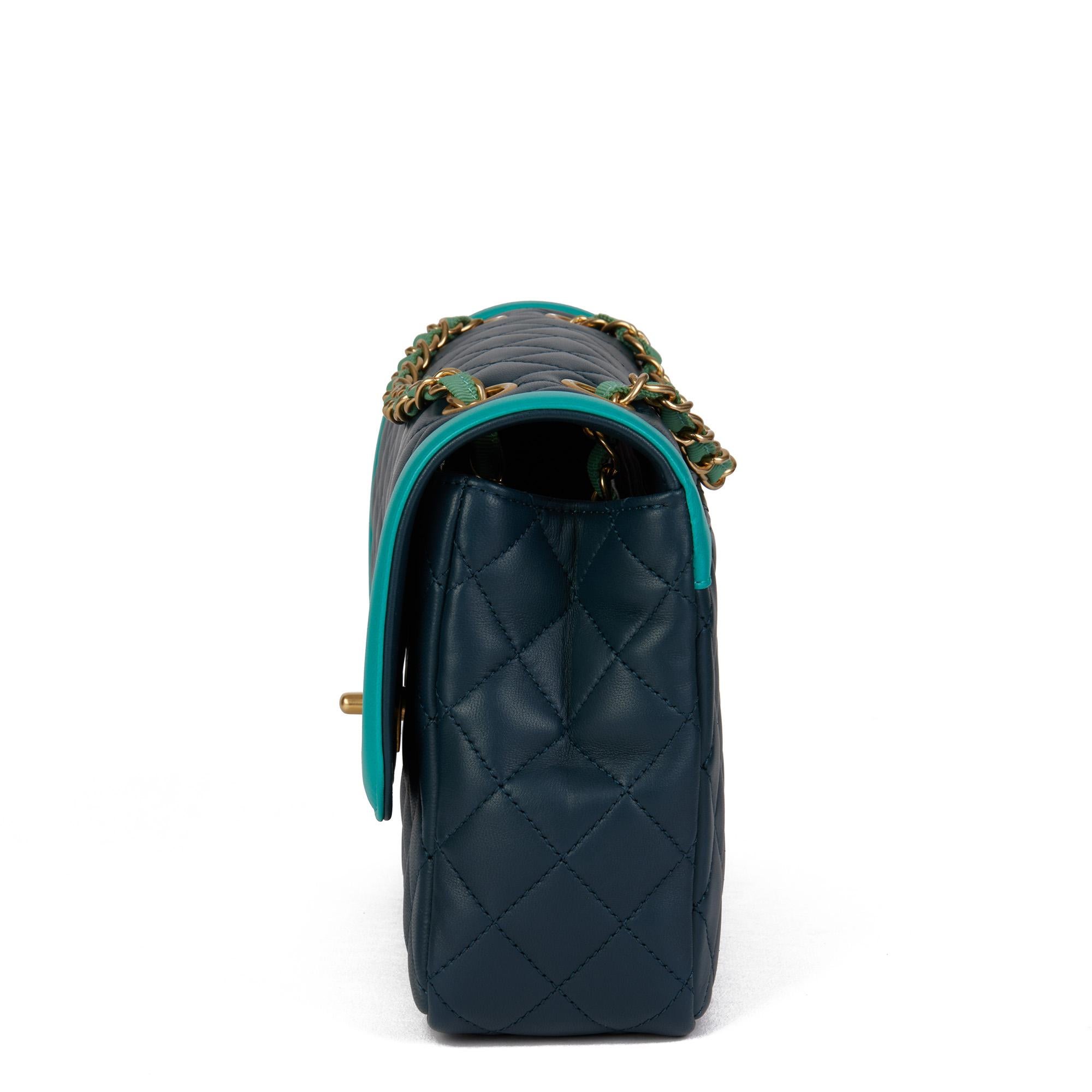 CHANEL Navy & Turquoise Quilted Lambskin Medium Classic Single Flap Bag In Excellent Condition In Bishop's Stortford, Hertfordshire