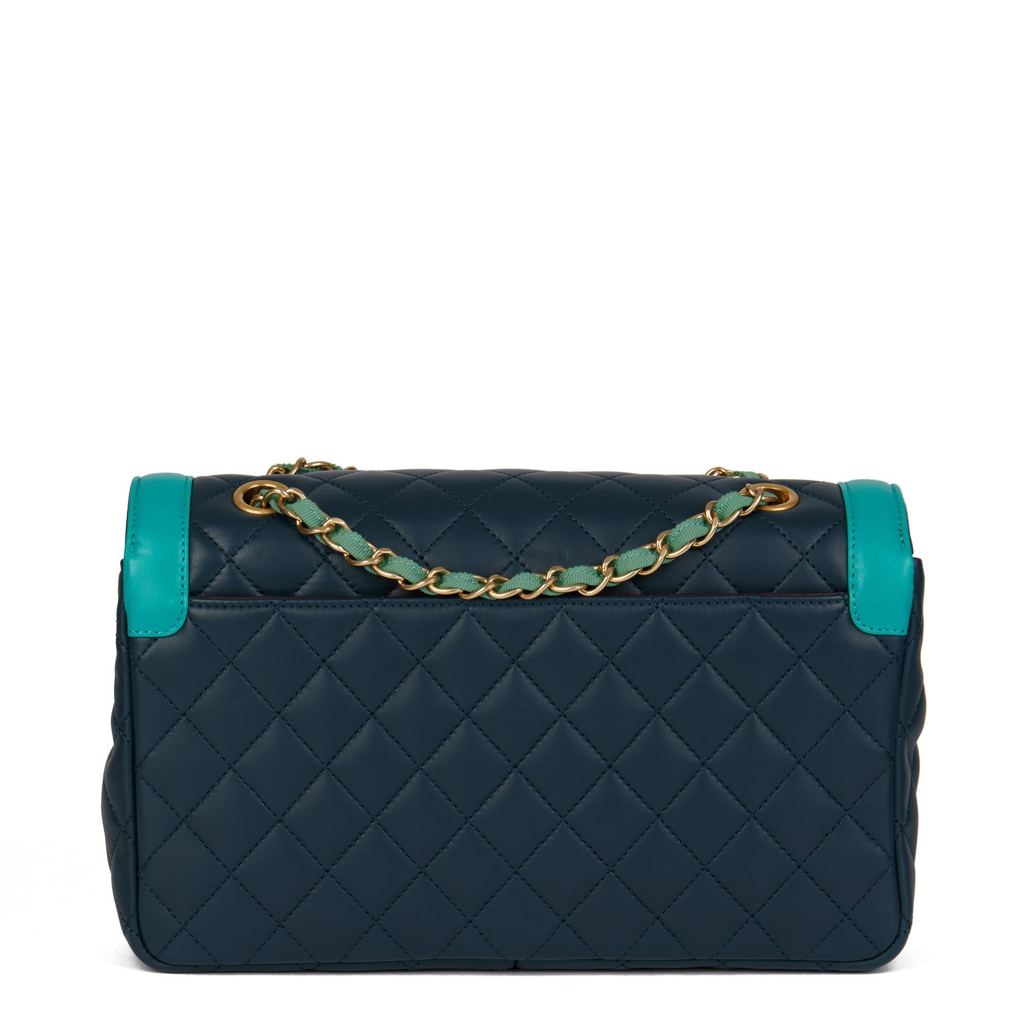 Women's CHANEL Navy & Turquoise Quilted Lambskin Medium Classic Single Flap Bag