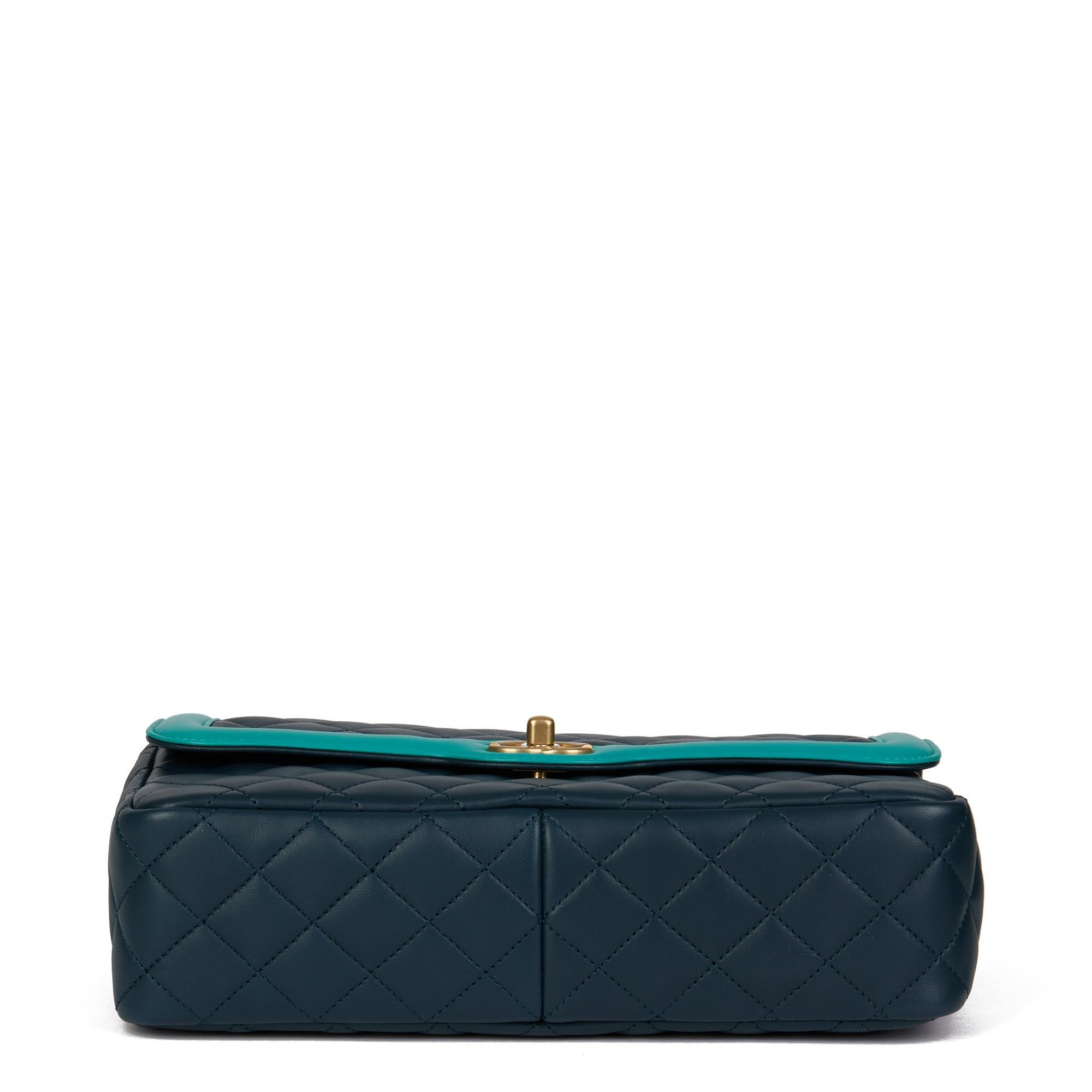 CHANEL Navy & Turquoise Quilted Lambskin Medium Classic Single Flap Bag 1