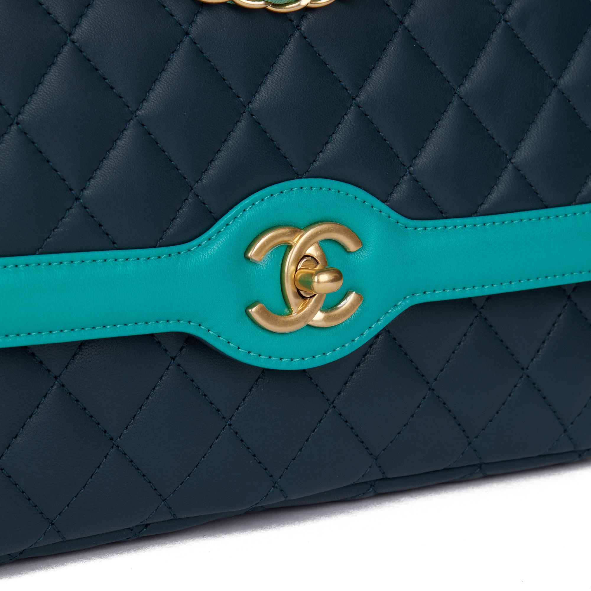 CHANEL Navy & Turquoise Quilted Lambskin Medium Classic Single Flap Bag 2