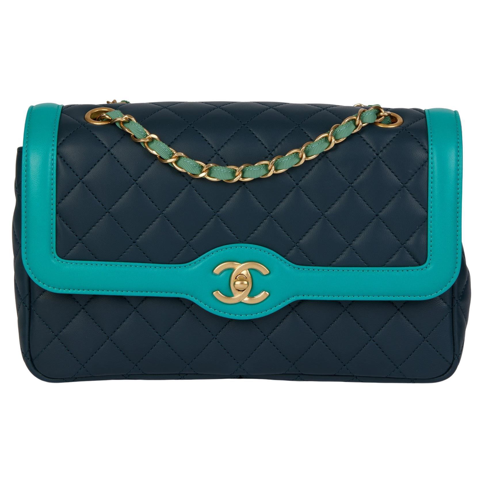 CHANEL Navy & Turquoise Quilted Lambskin Medium Classic Single Flap Bag
