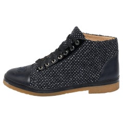 Chanel Navy Tweed And Leather CC Cap Toe Ankle Boots Size 41.5