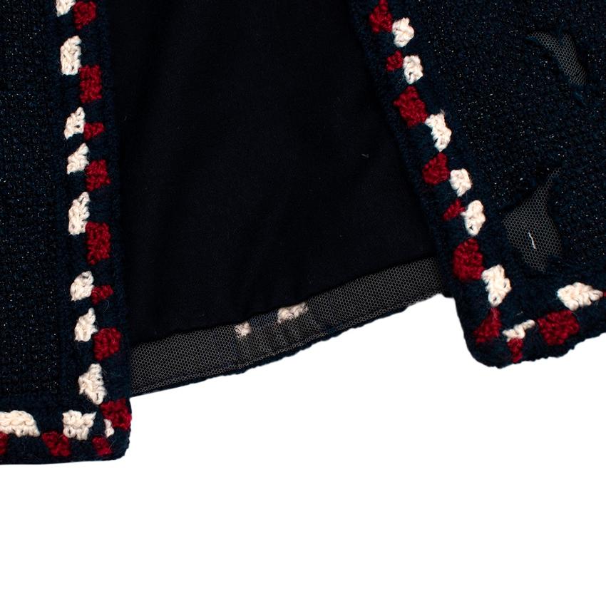 Chanel Marineblaue Tweed-Jacke mit Burn-Out-Ausschnitt und Burgunder- und Weißbesatz im Angebot 3