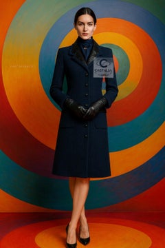 Chanel Navy Tweed Coat with Leather Accents 38 FR