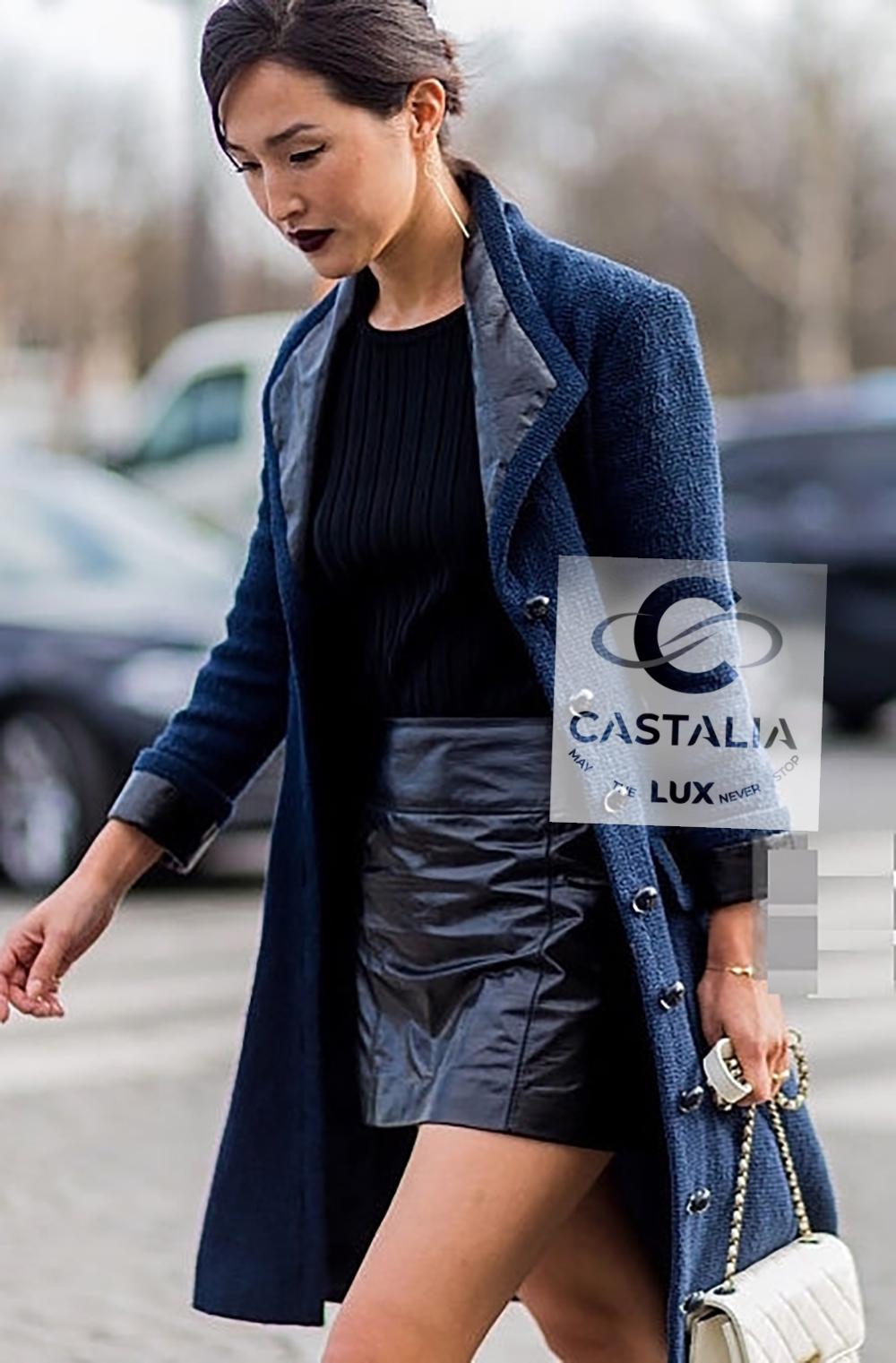 Black Chanel Navy Tweed Coat with Leather Accents 38 FR For Sale