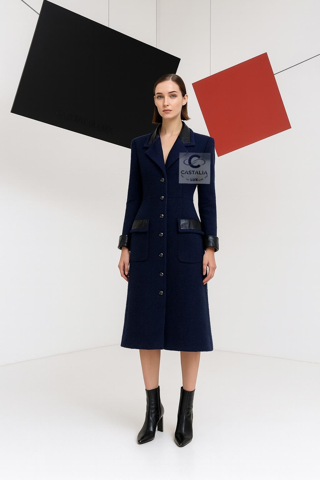 Women's or Men's Chanel Navy Tweed Coat with Leather Accents 38 FR For Sale