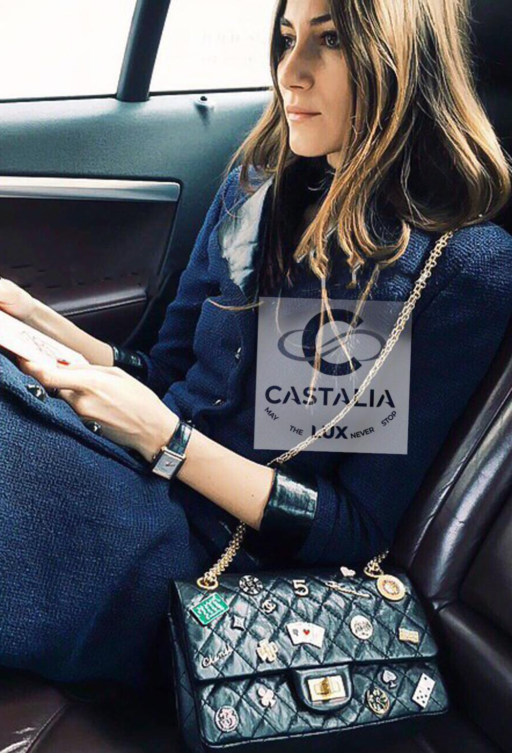 Coates Chanel in tweed navy con inserti in pelle 38 FR in vendita 2