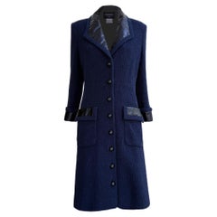 Chanel Navy Tweed Coat with Leather Accents 38 FR