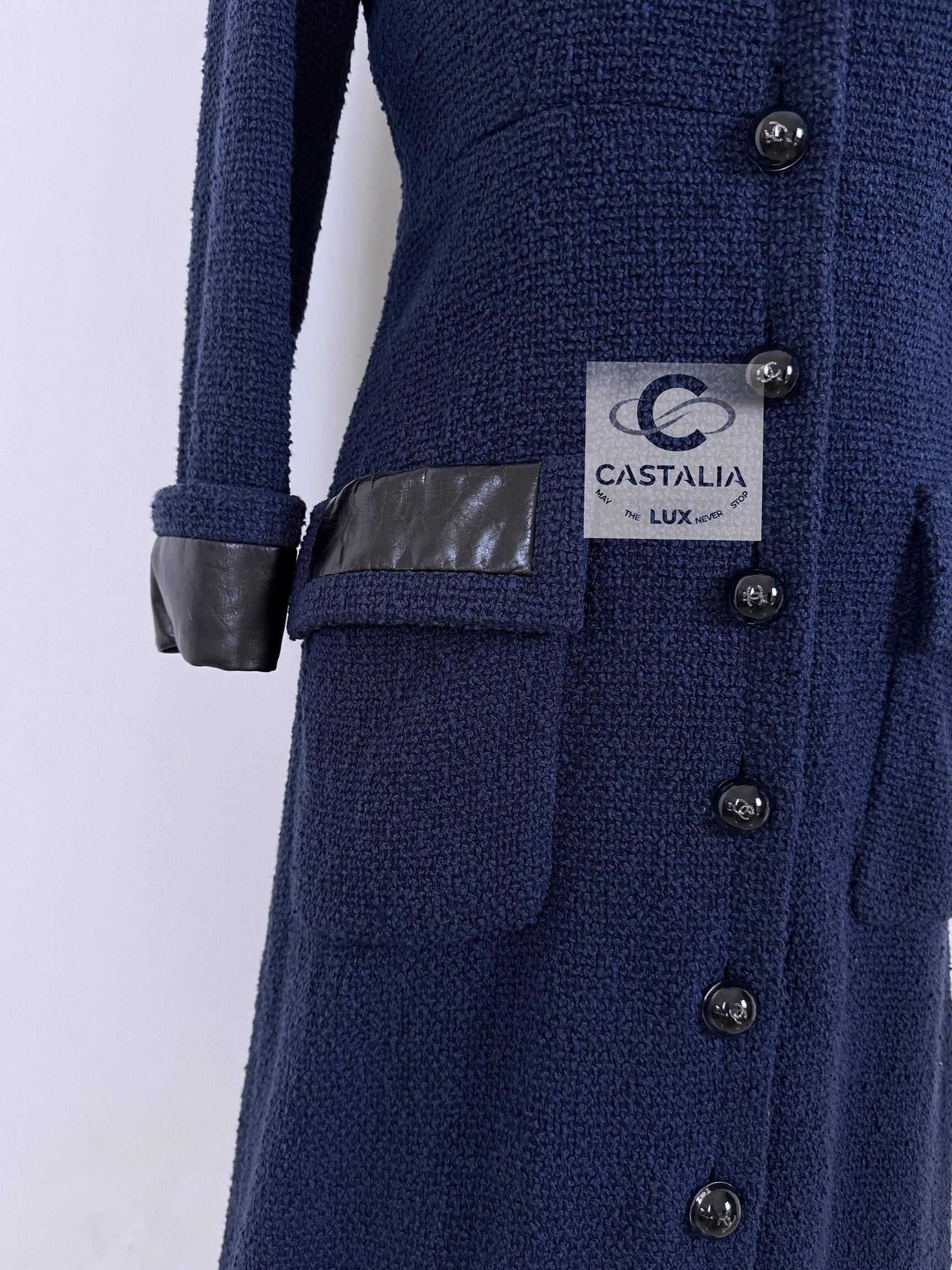 Chanel Navy Tweed Coat with Leather Accents 6