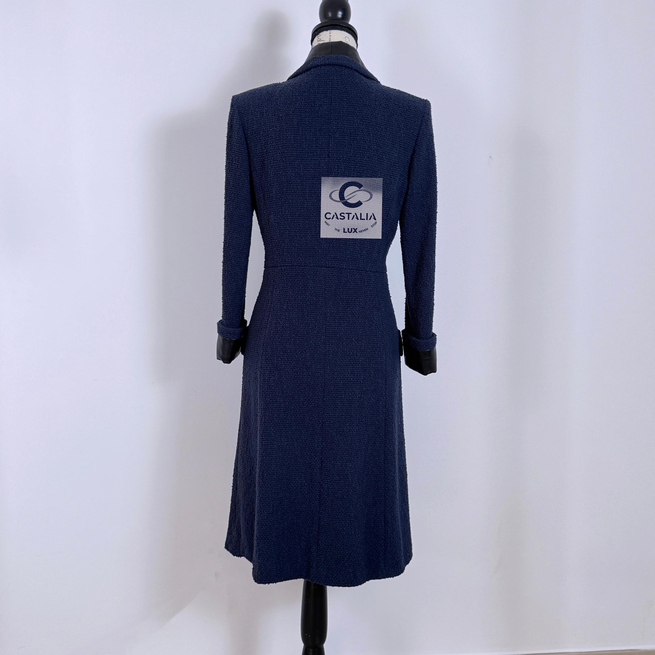 Chanel Navy Tweed Coat with Leather Accents 7