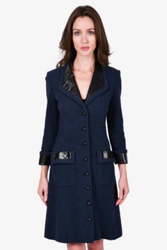 Chanel Navy Tweed Coat with Leather Accents