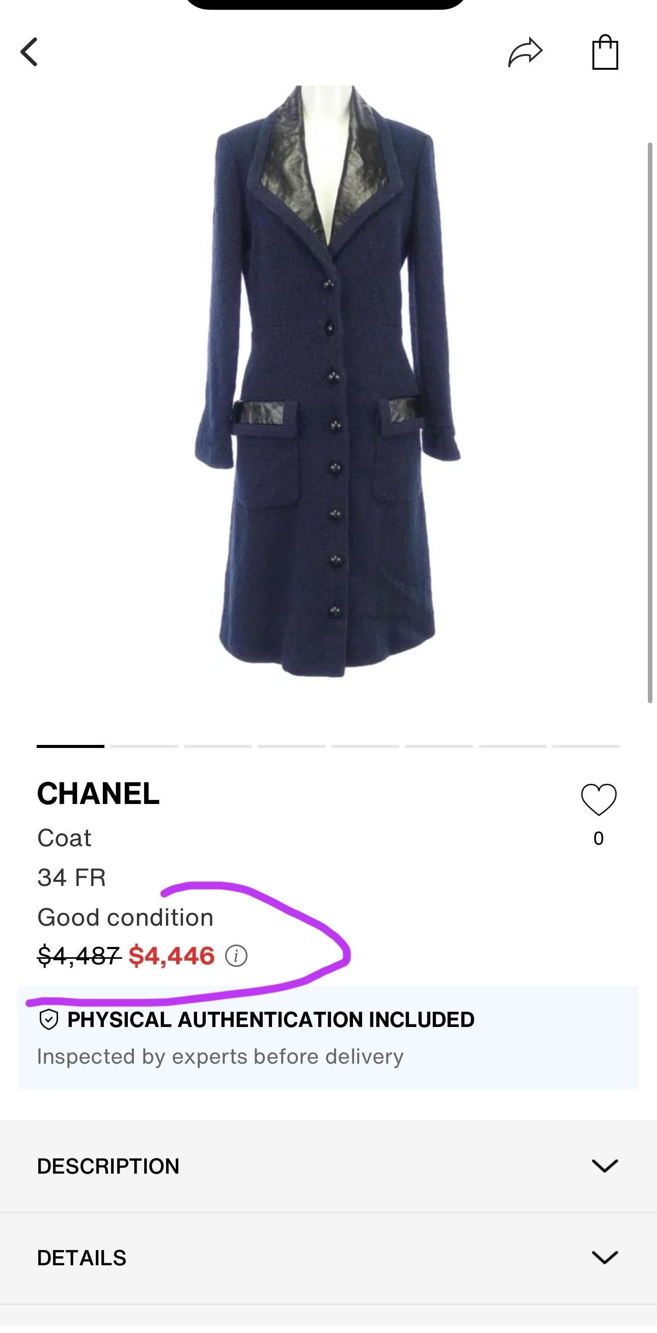 Purple Chanel Navy Tweed Coat with Leather Accents