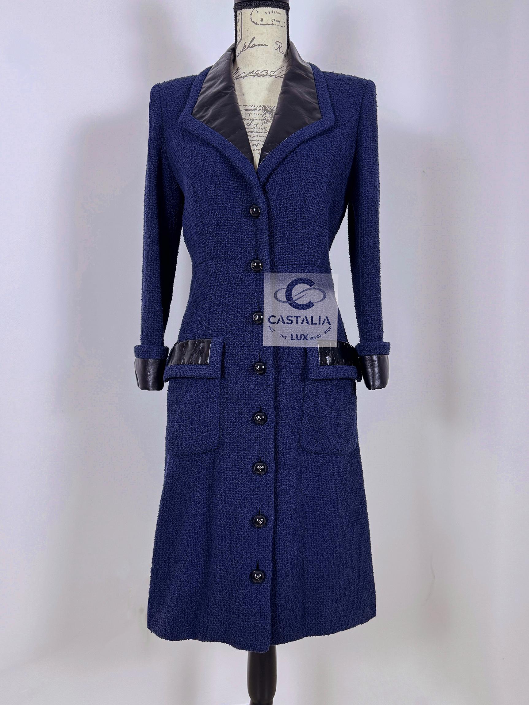 Chanel Navy Tweed Coat with Leather Accents In Excellent Condition In Dubai, AE