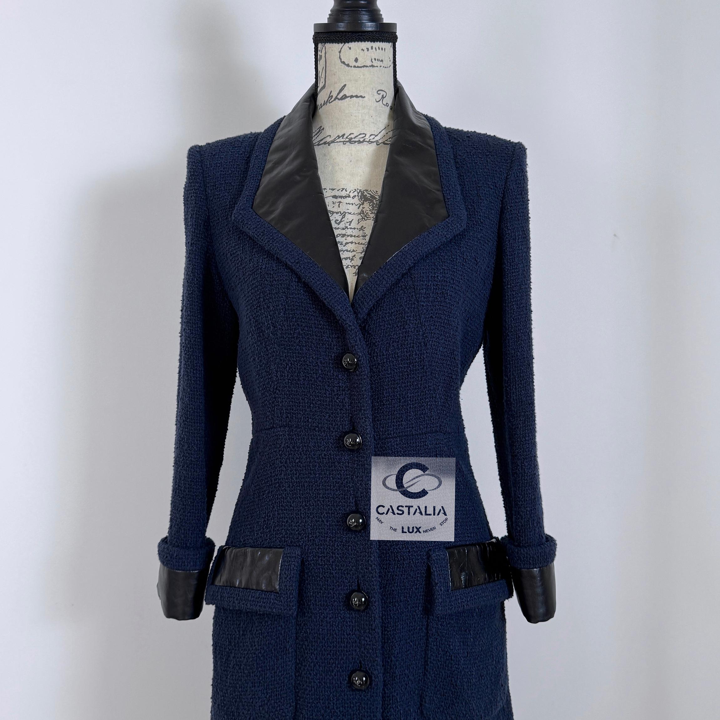 Women's or Men's Chanel Navy Tweed Coat with Leather Accents