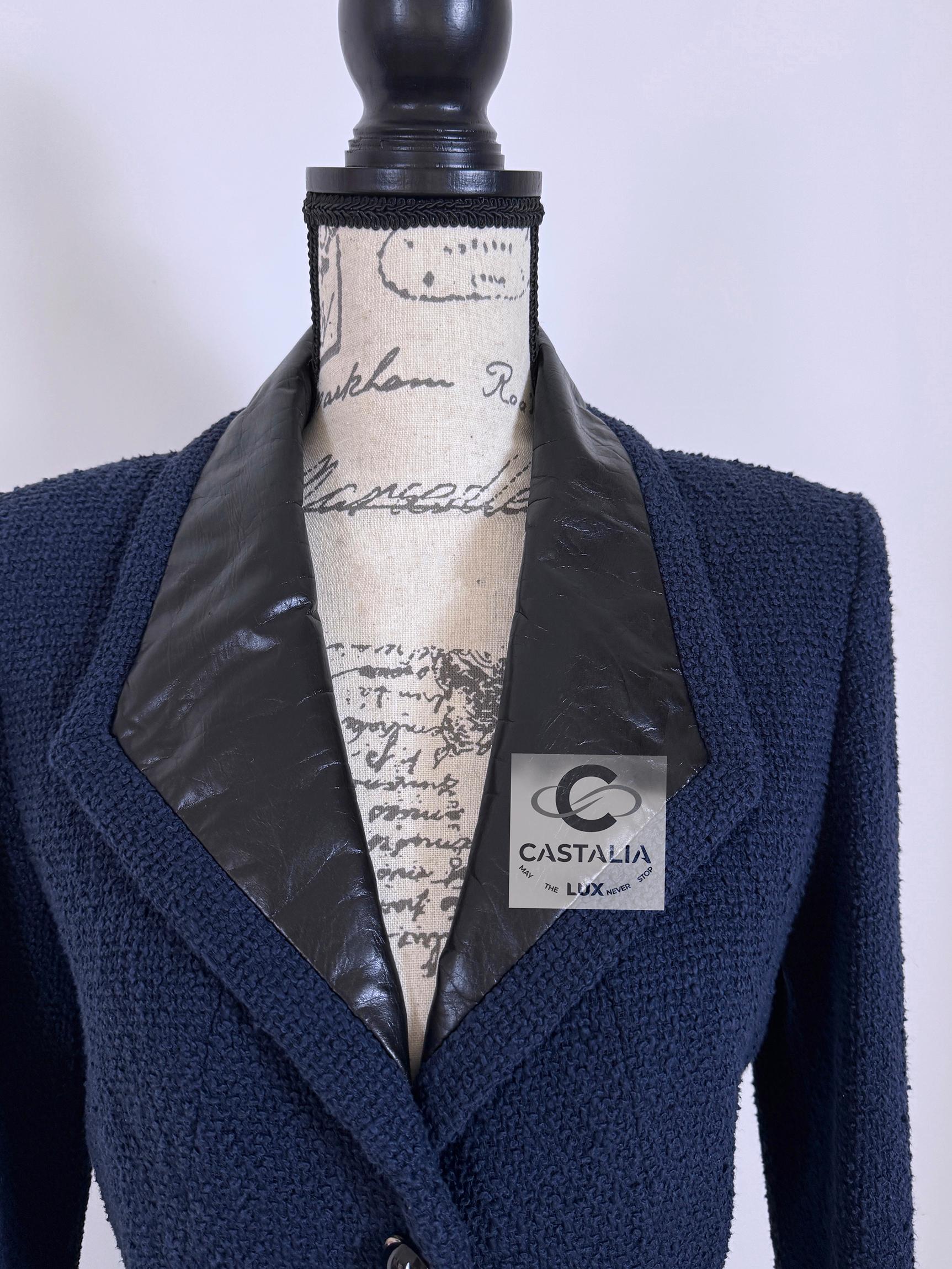 Chanel Navy Tweed Coat with Leather Accents 1