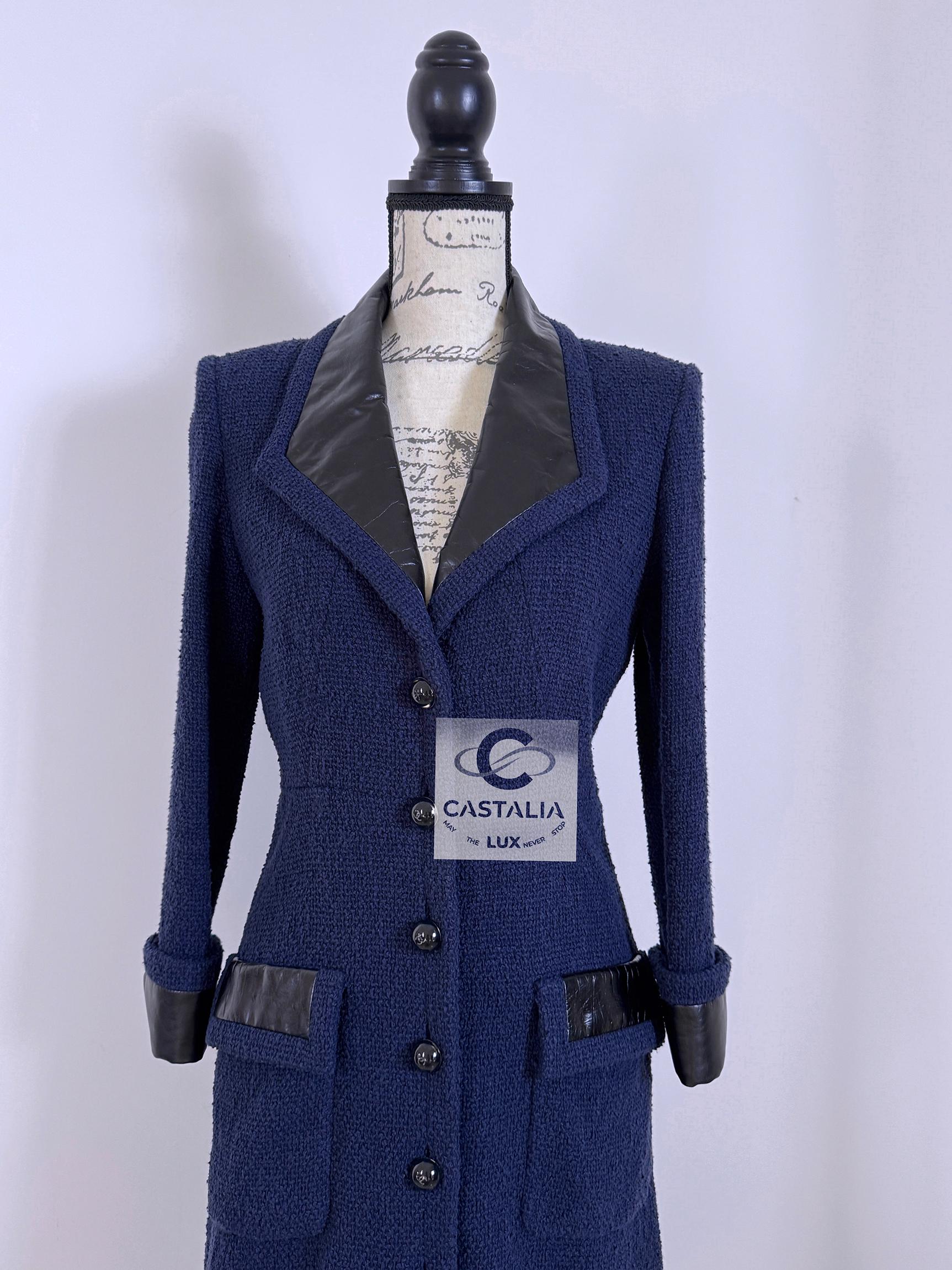 Chanel Navy Tweed Coat with Leather Accents 2