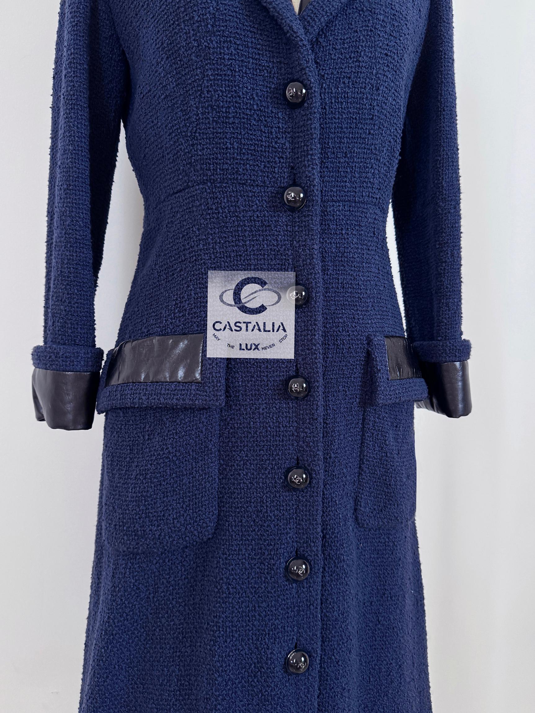 Chanel Navy Tweed Coat with Leather Accents 3