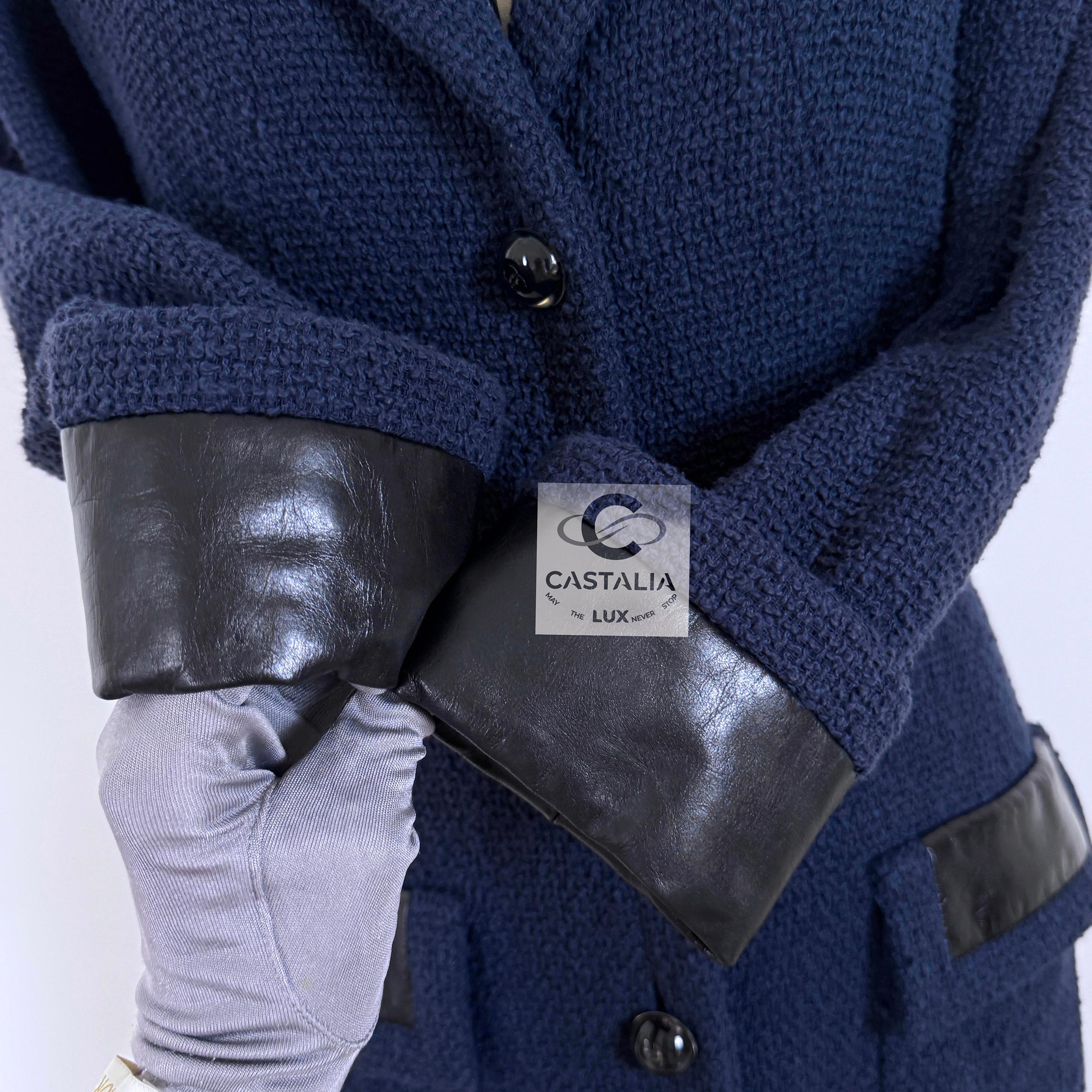 Chanel Navy Tweed Coat with Leather Accents 4