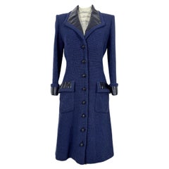Chanel Navy Tweed Coat with Leather Accents