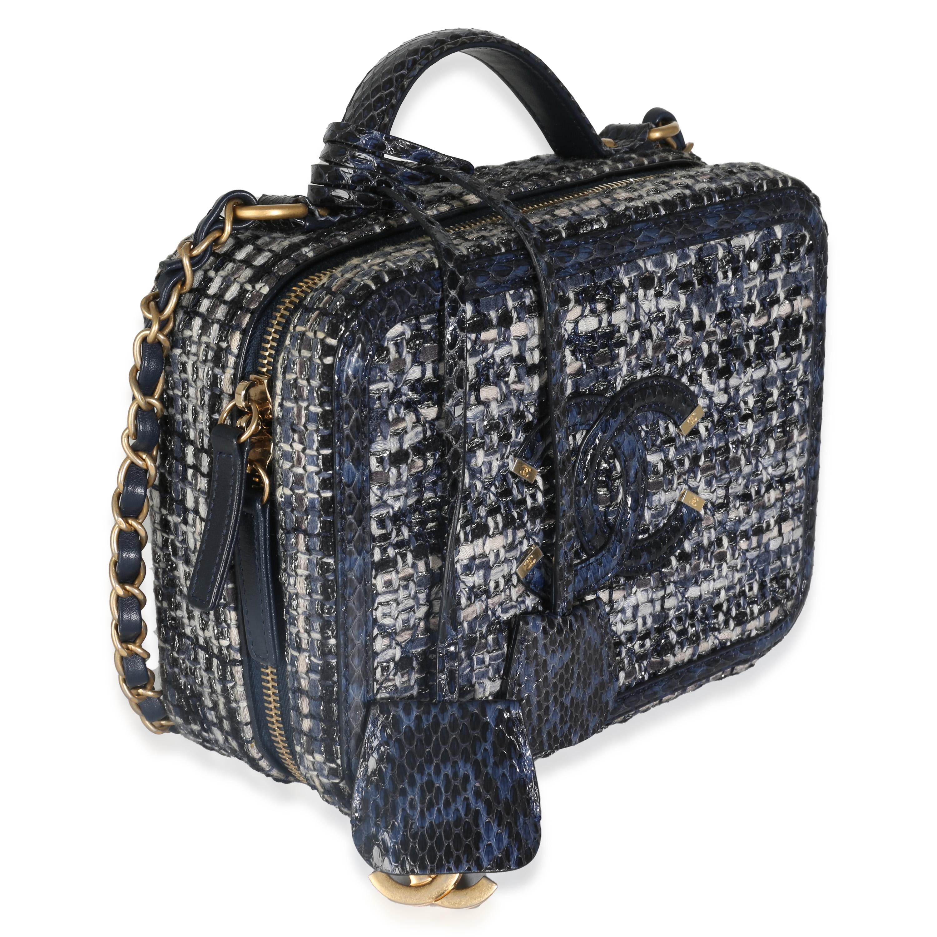 Black Chanel Navy Tweed Python Medium Filigree Vanity Case For Sale