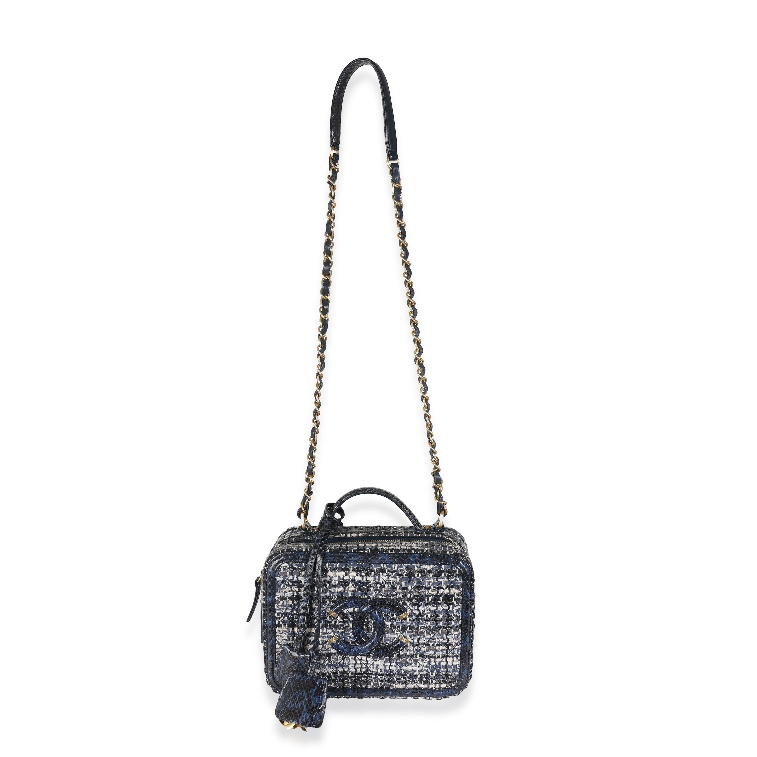 Chanel Navy Tweed Python Medium Filigree Vanity Case For Sale 1