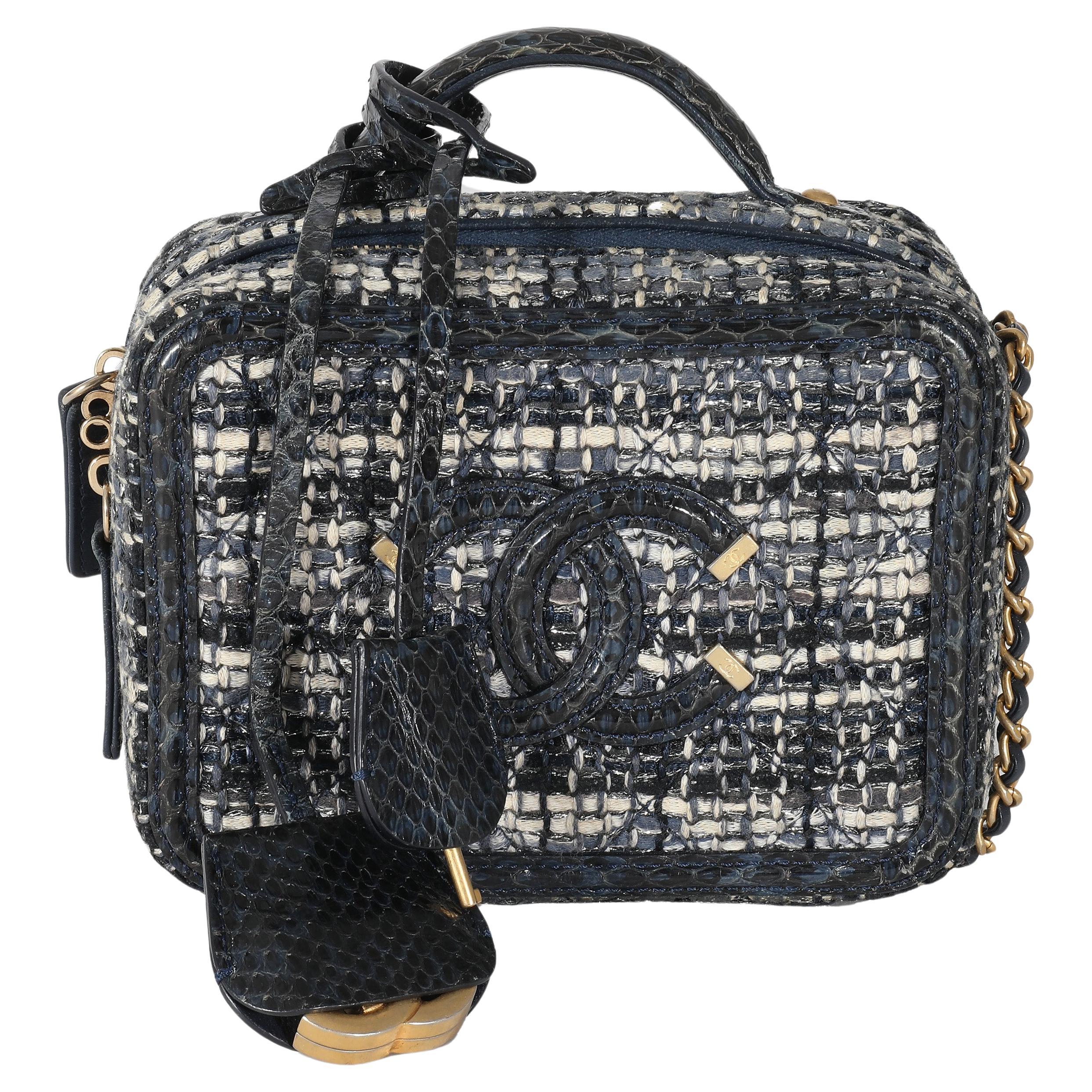 Chanel Navy Tweed Snakeskin Small CC Filigree Vanity Case For Sale