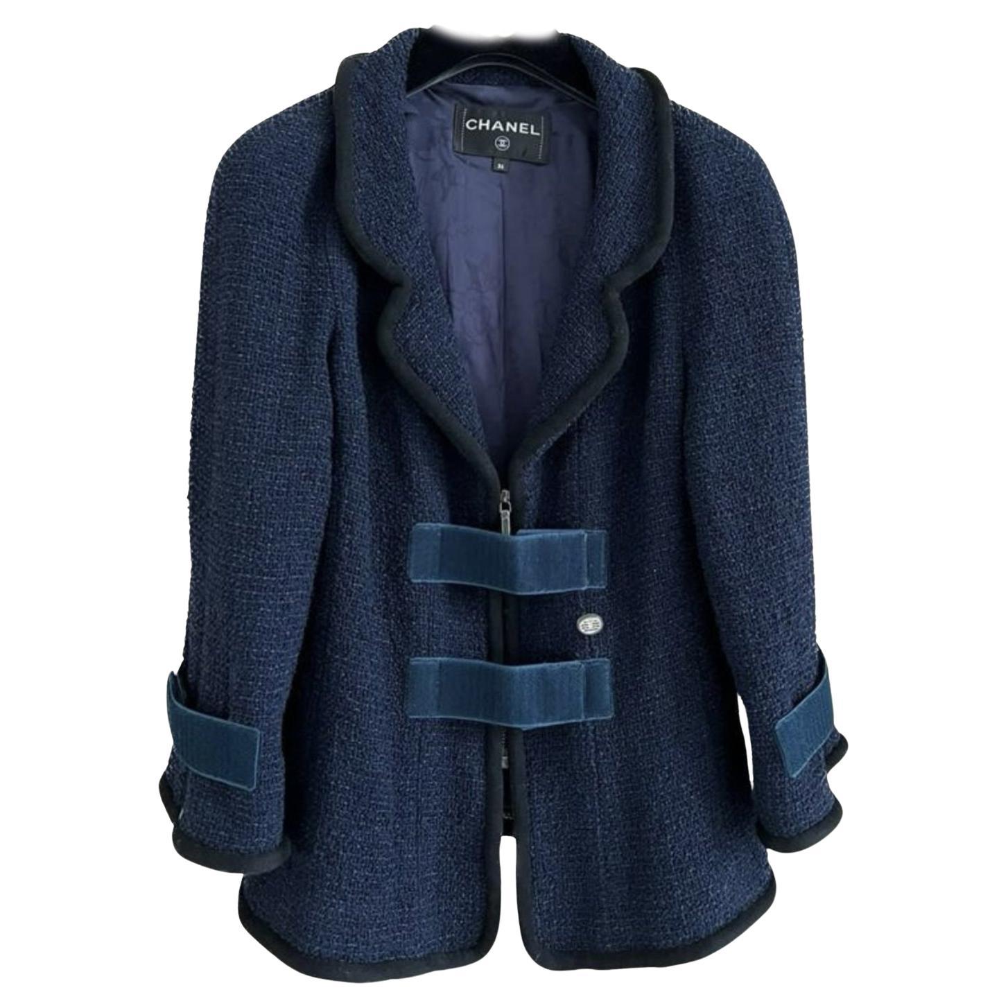 Chanel Navy Tweed Velcro Accents Jacket For Sale
