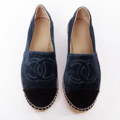 CHANEL navy velvet CC logo applique nude jute espadrille shoes EU37
