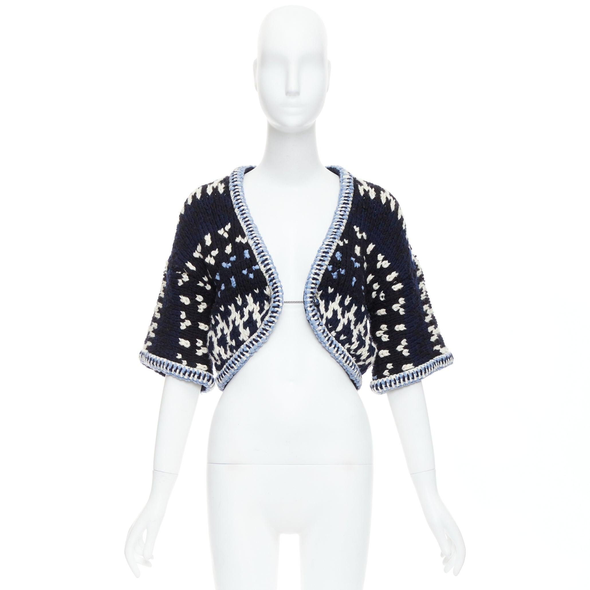 CHANEL navy white black wool braid trim cropped cardigan FR36 S For Sale 5