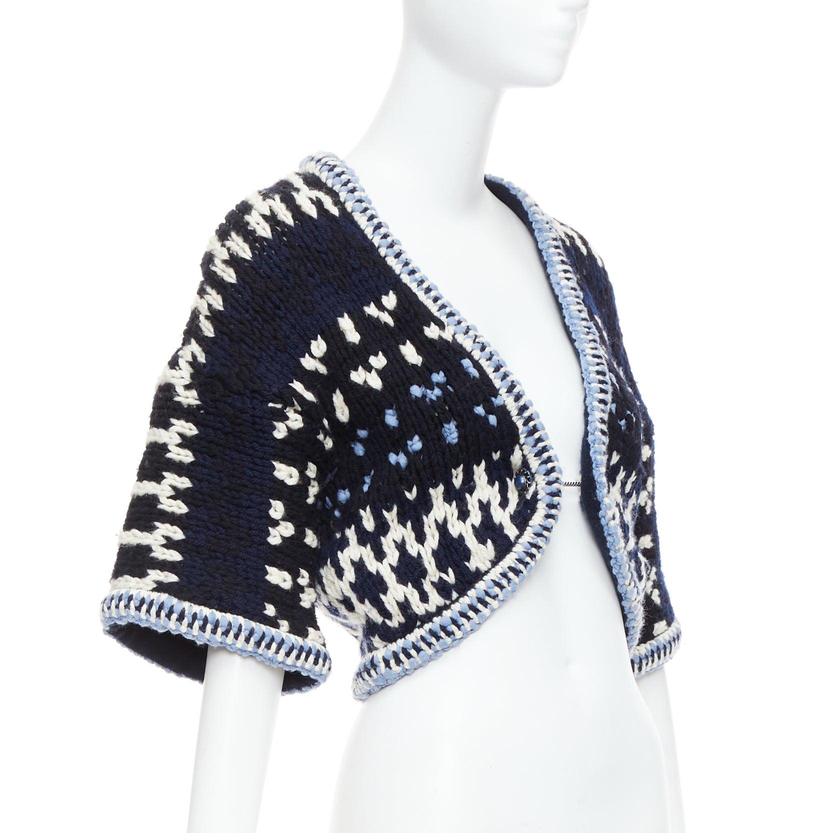 Black CHANEL navy white black wool braid trim cropped cardigan FR36 S For Sale
