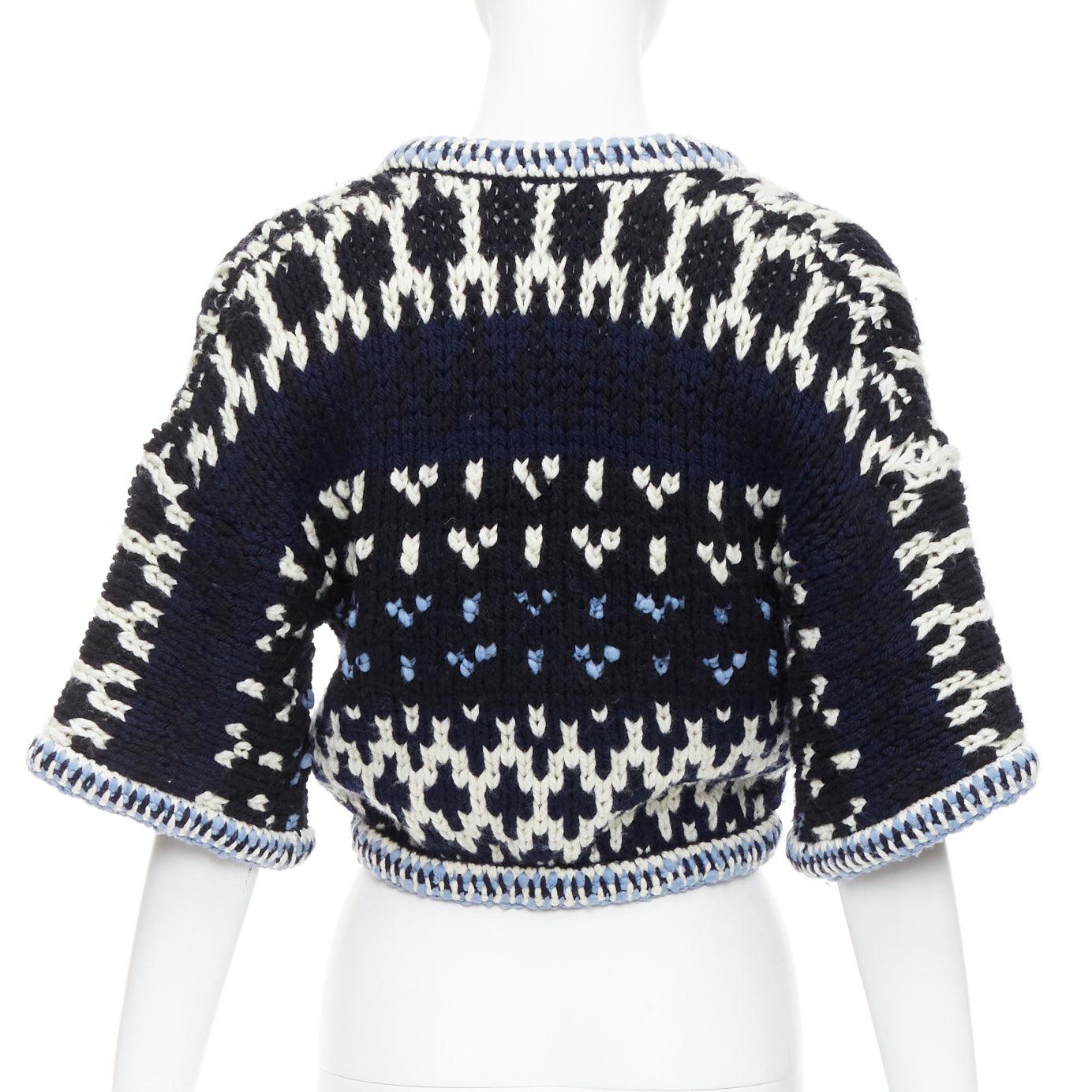 Women's CHANEL navy white black wool braid trim cropped cardigan FR36 S For Sale