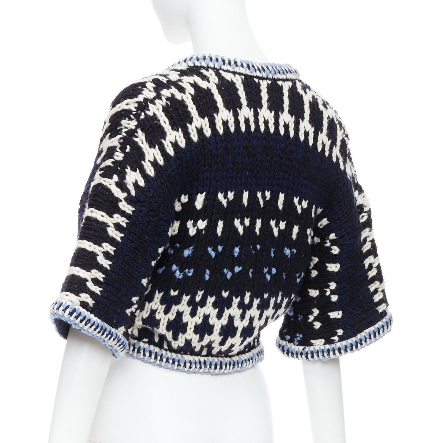 CHANEL navy white black wool braid trim cropped cardigan FR36 S For Sale 1