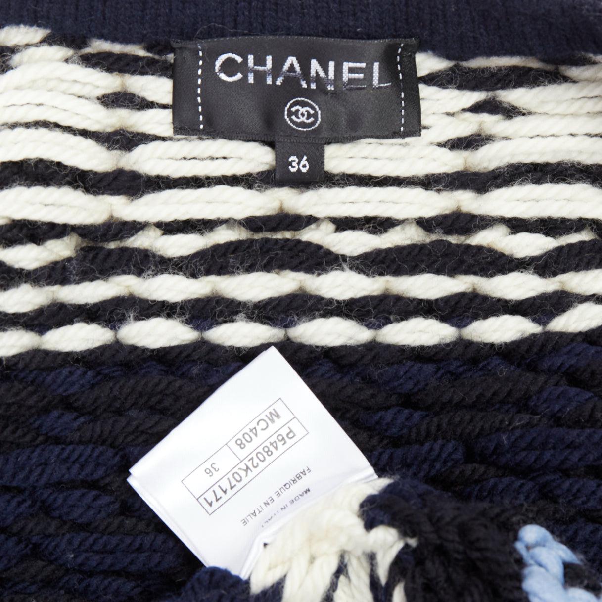 CHANEL navy white black wool braid trim cropped cardigan FR36 S For Sale 4