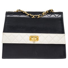 Chanel Navy White Lambskin Two Tone Flap Shoulder Bag with leather Chanel Navy White Lambskin Two Tone Flap Shoulder Bag with leather