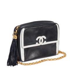 CHANEL Navy & White Lambskin Vintage Small Timeless Fringe Camera Bag