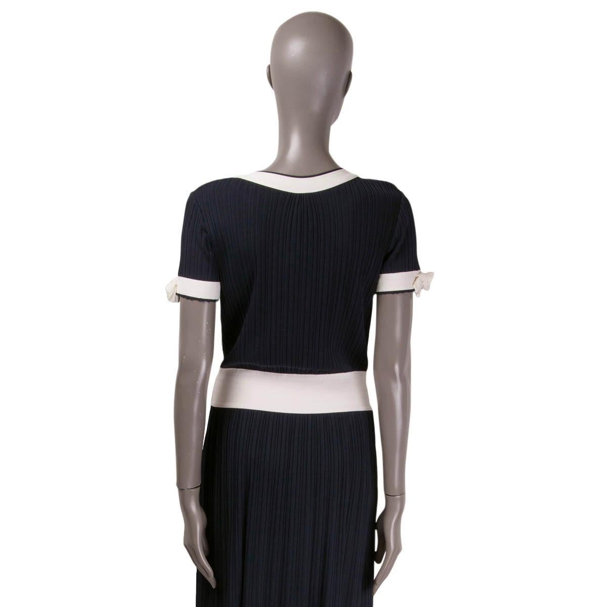 CHANEL navy & white rayon 2014 14P BOW DETAILED PLEATED Dress 38 S For Sale 1