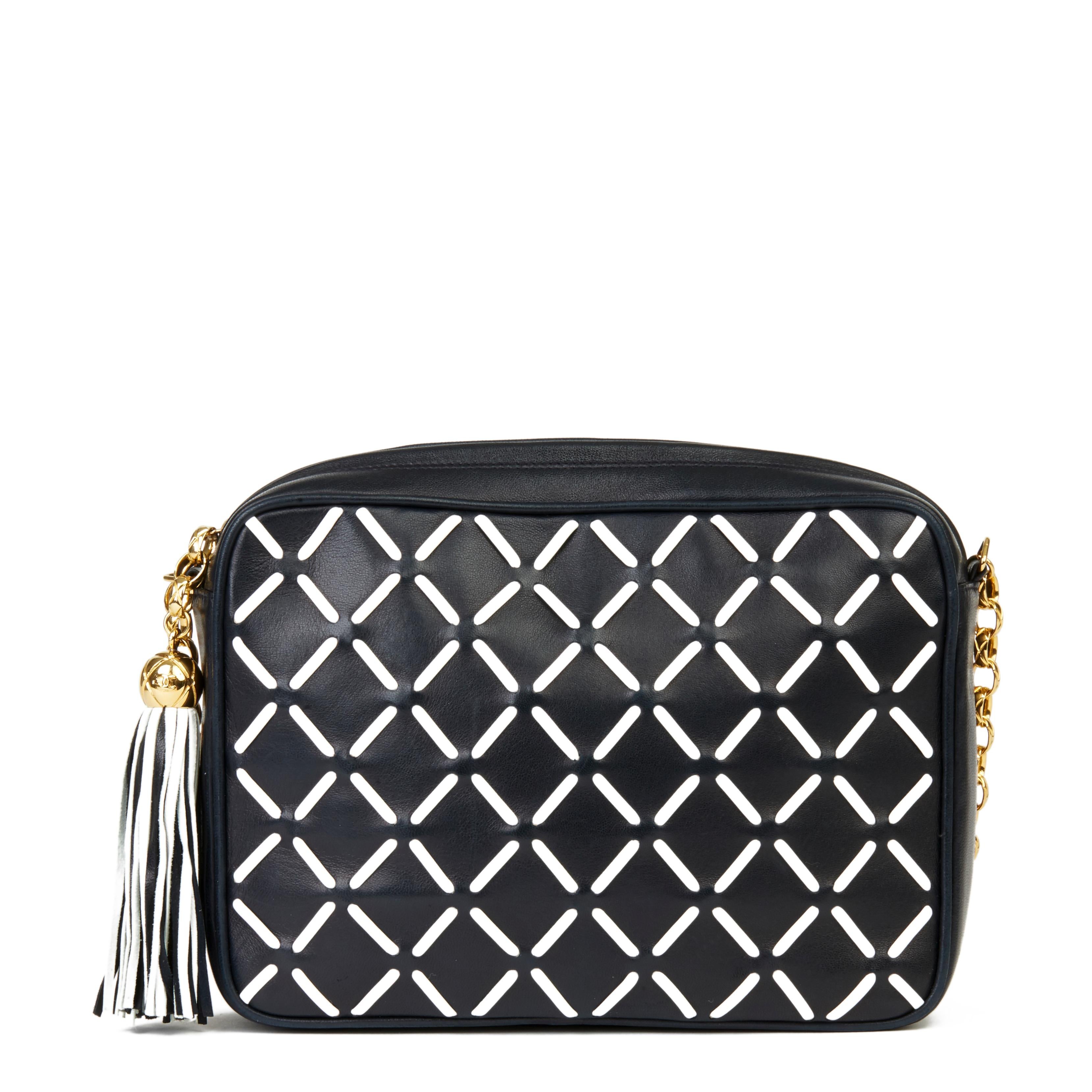 Black Chanel Navy & White Woven-Stitched Lambskin Vintage Timeless Fringe Camera Bag