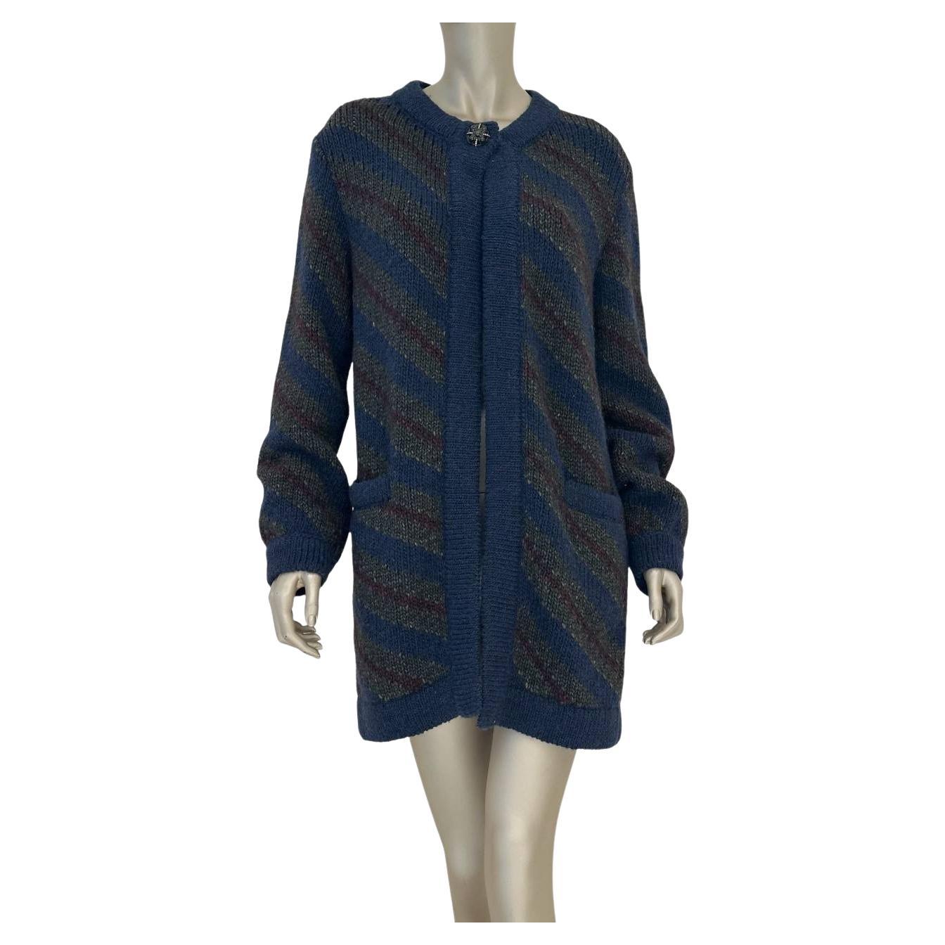 CHANEL Navy Wool Alpaca Striped Chunky Cardigan Sz 34