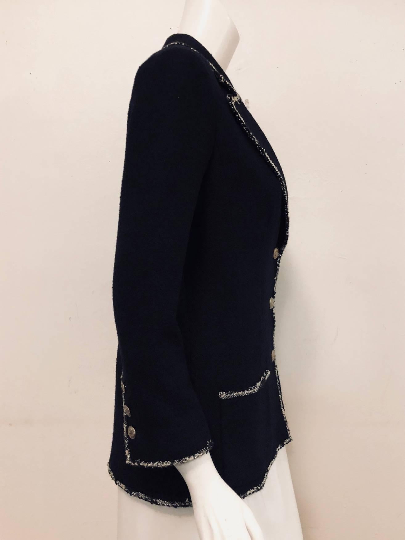 Black Chanel Navy Wool Boucle Fitted Jacket With Iconic No. 5 Coat of Arms on Pocket