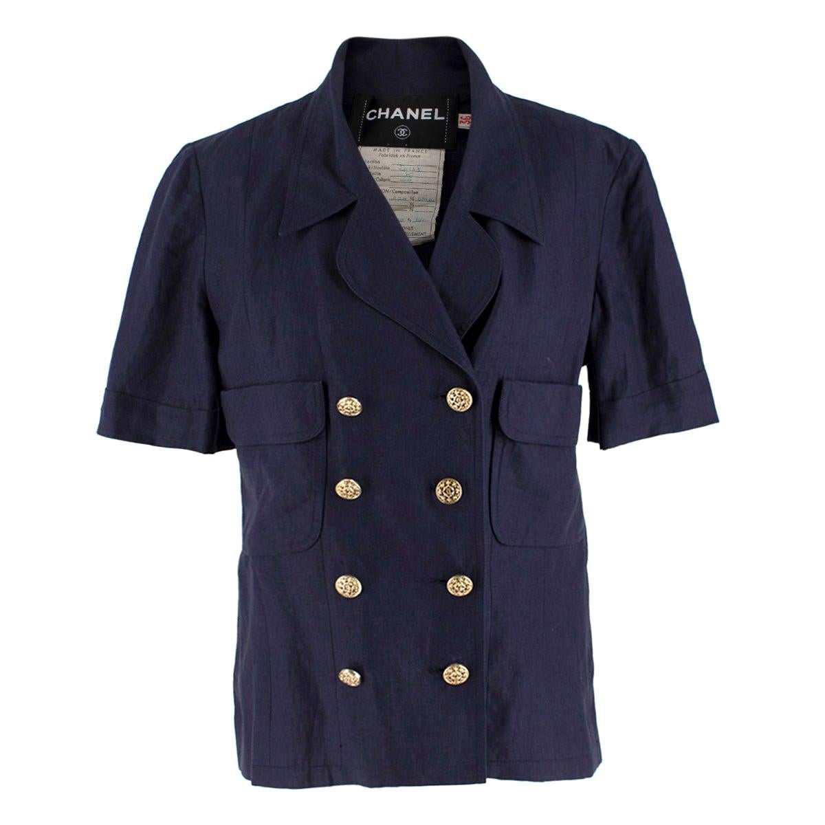 Chanel Navy Wool Short Sleeve Jacket - Size US 4 For Sale