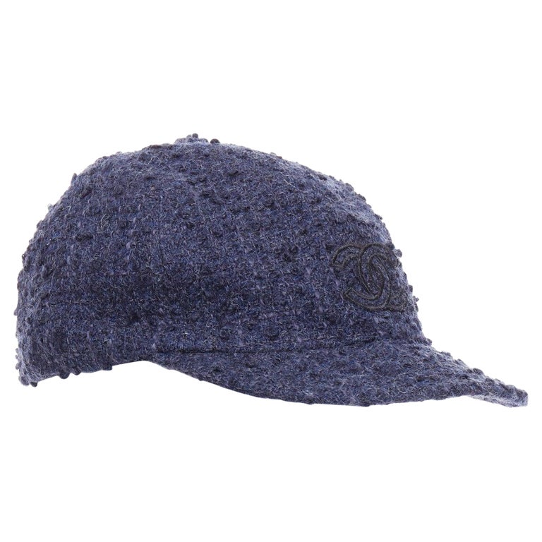 CHANEL navy wool tweed CC logo badge baseball cap M For Sale at