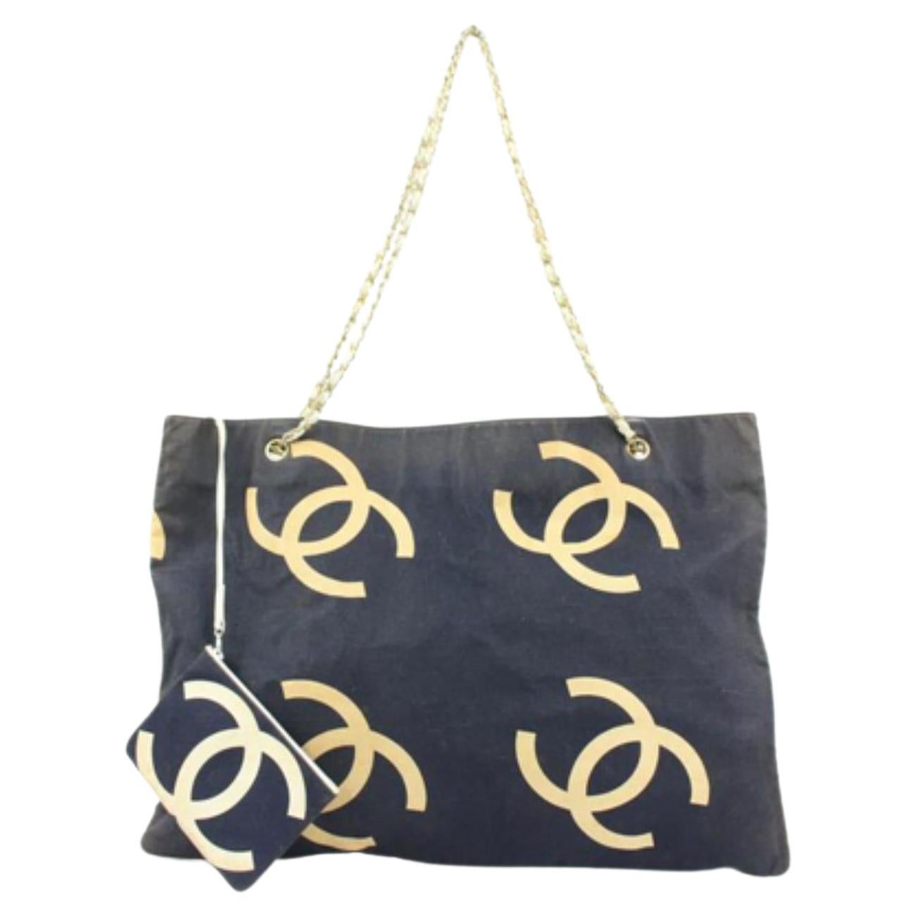 Chanel Navy x Beige Jumbo CC Chain Tote with Pouch 66c23s For Sale