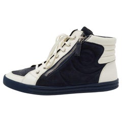 Chanel NavyBlue/White Suede  Leather CC Double Zip Accent High Top Size 39.5