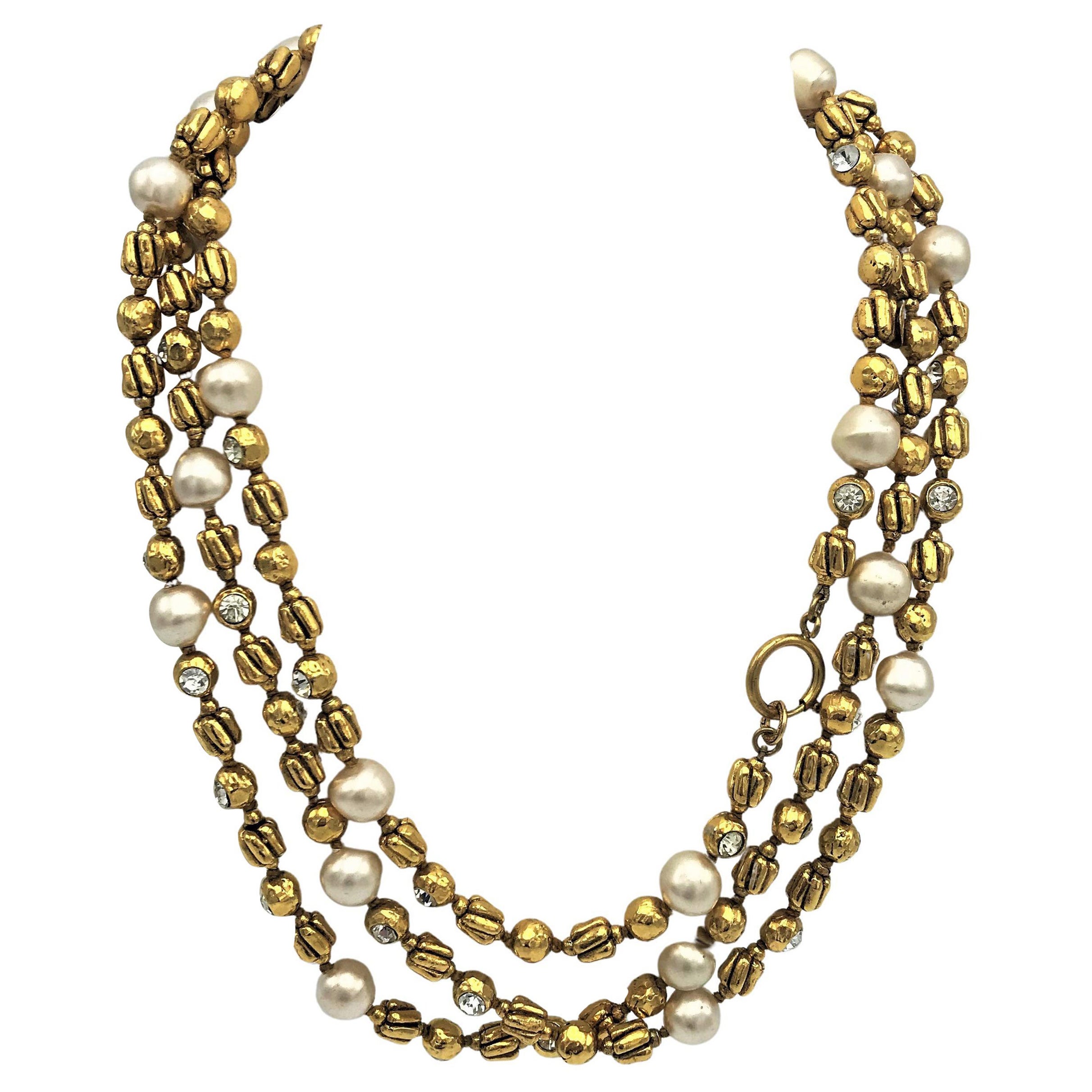 Collier Chanel de R. Goossens avec perles, 183 cm lang plaqué or, années 1970/80