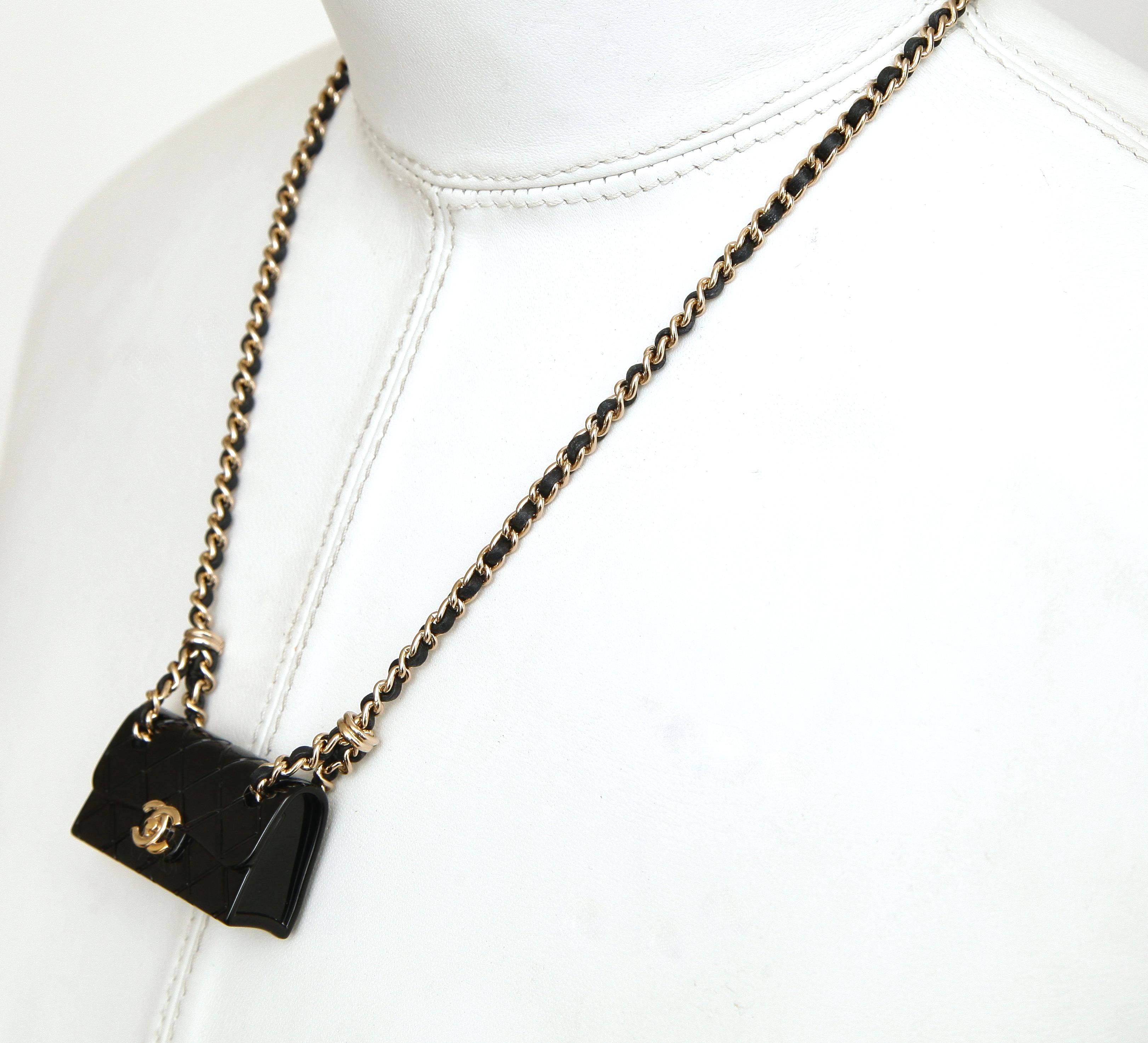 Women's CHANEL Necklace Chain Black Flap Bag Resin Quilted Black Leather Gold HW 2023